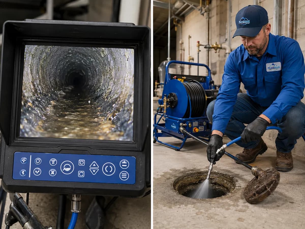 A sewer camera monitor and a plumber hydro jetting a drain line