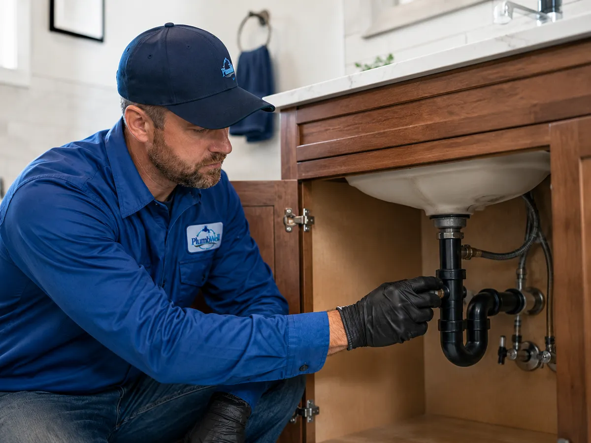 A PlumbWell plumber inspecting drain pipes under a bathroom sink
