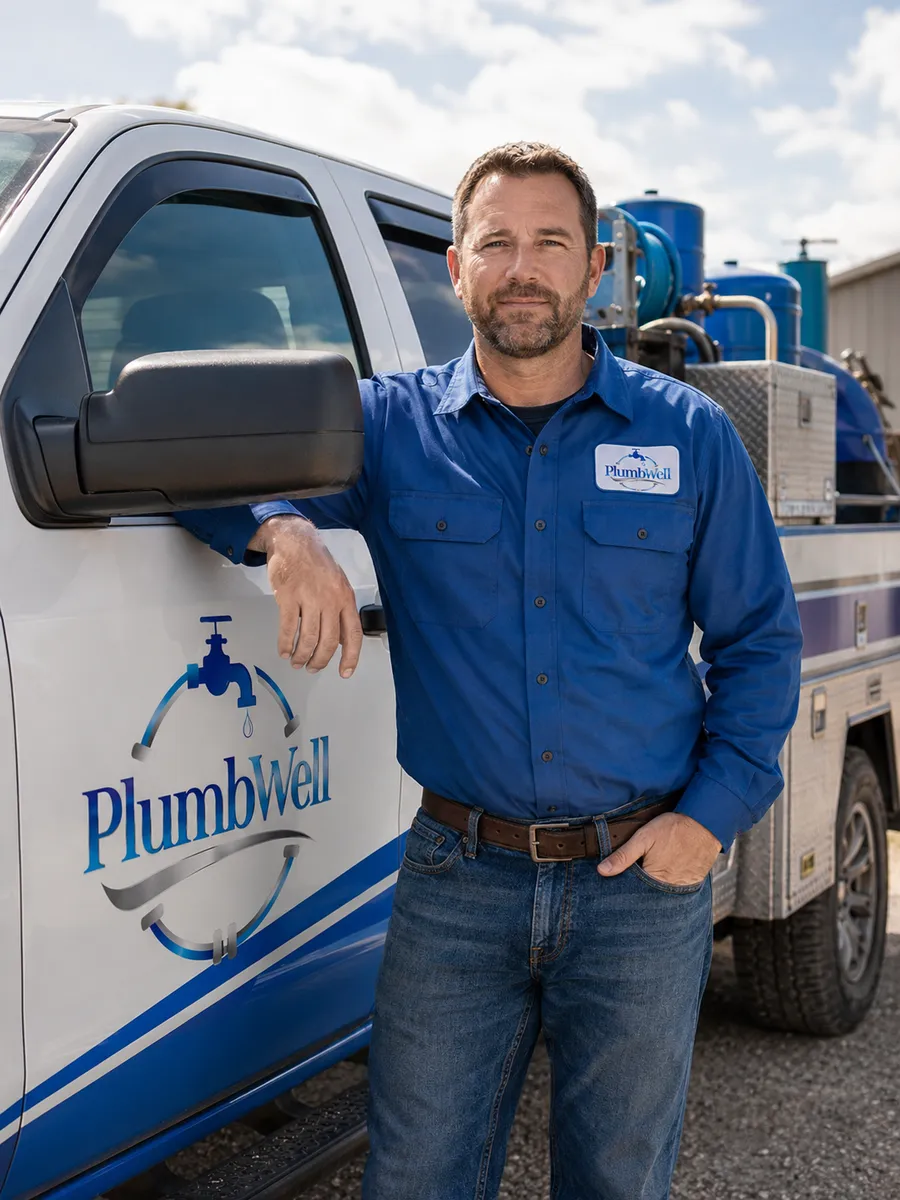 A PlumbWell plumber standing next to the company service truck