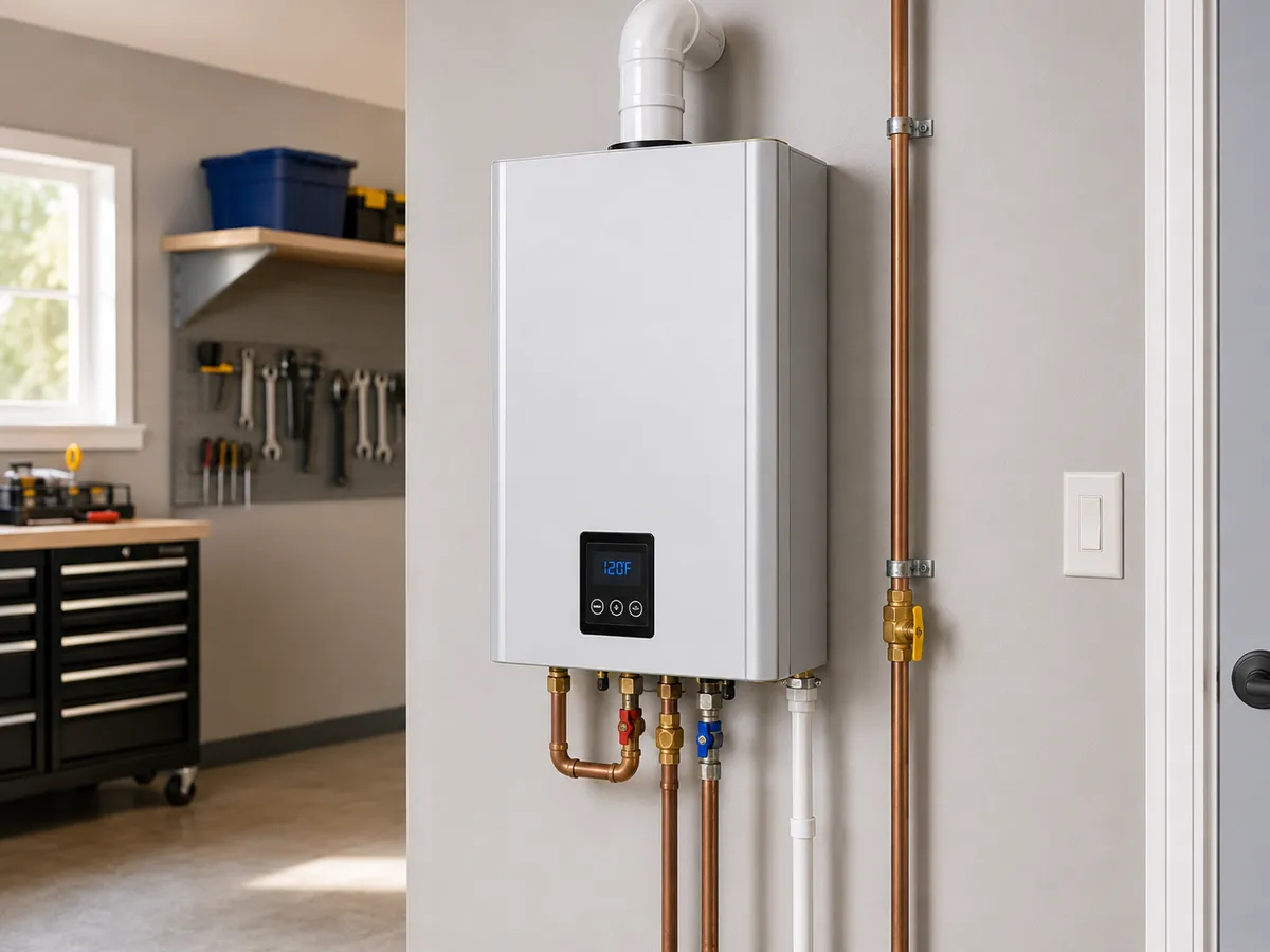 A wall-mounted tankless water heater with copper supply lines