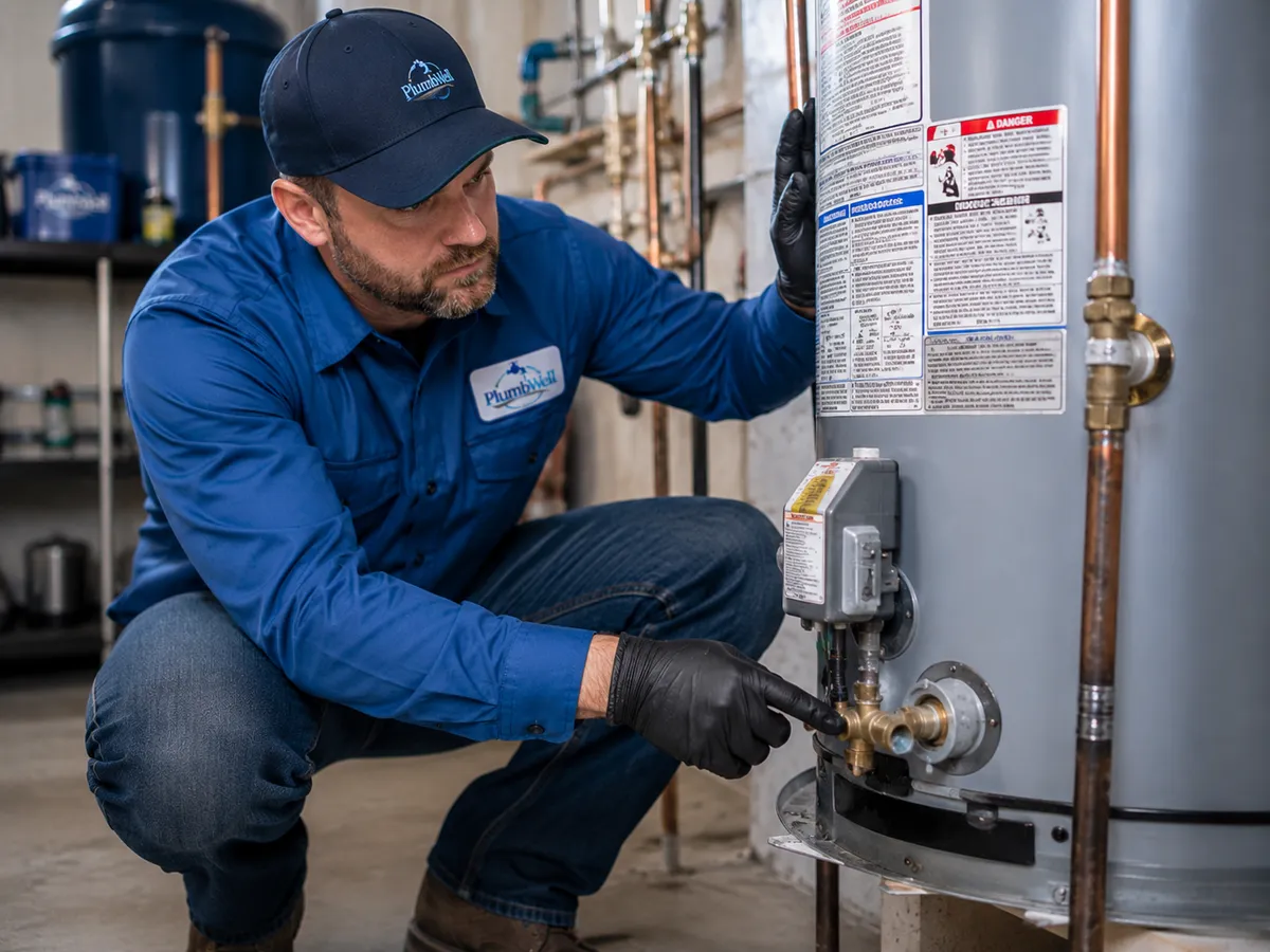 A PlumbWell plumber inspecting a tank water heater