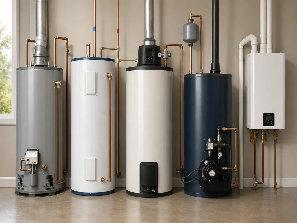Gas, electric, and tankless water heaters lined up side by side