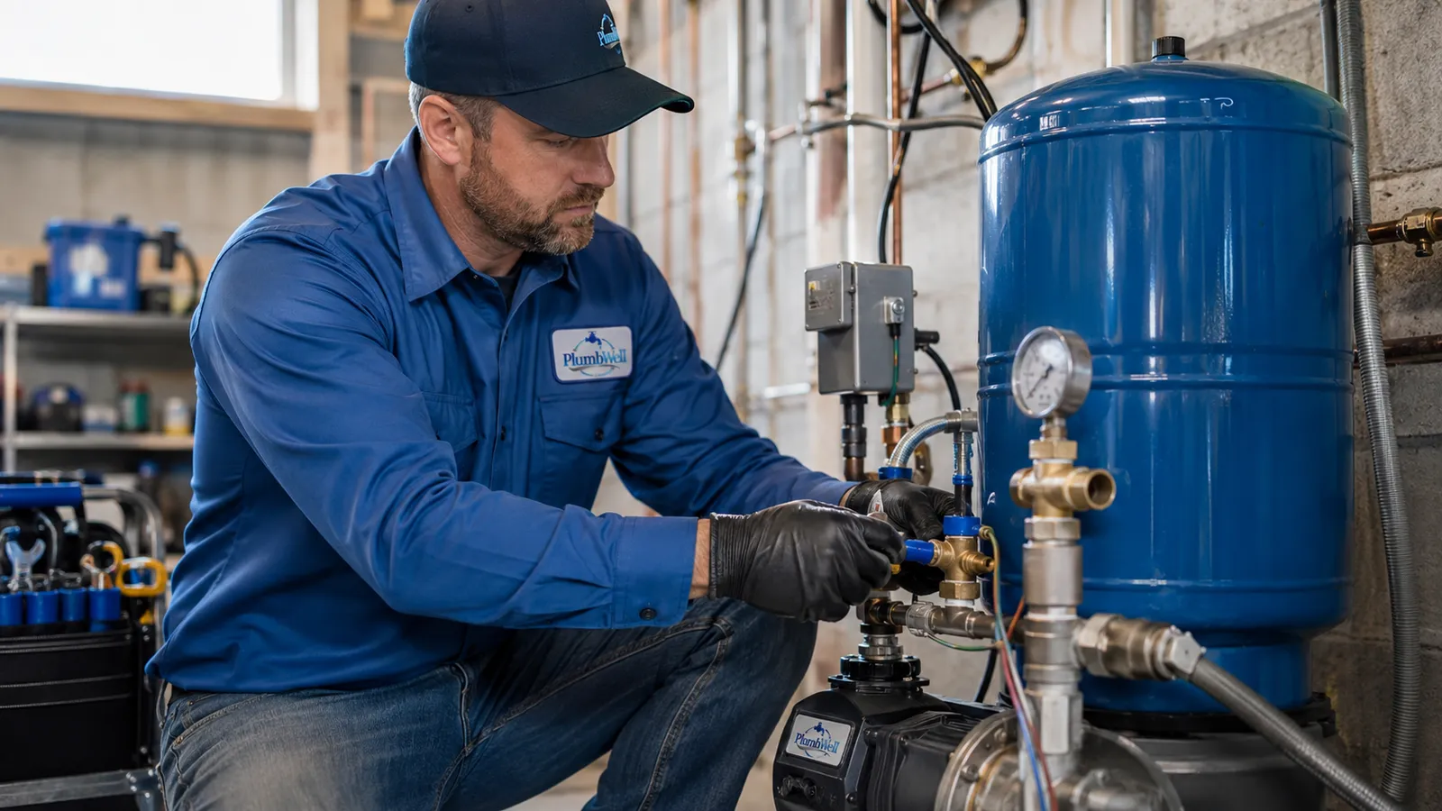 A PlumbWell plumber servicing a well pump and pressure tank